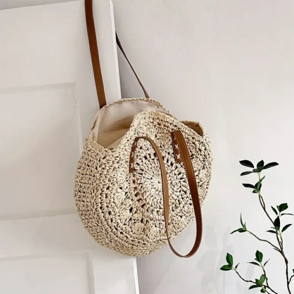Straw Woven Tote Bag Double Handle Creamy White - Picture 4 of 8